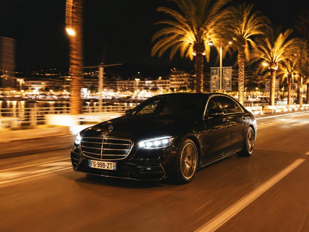 Berline noire roulant sur la Croisette à Cannes la nuit