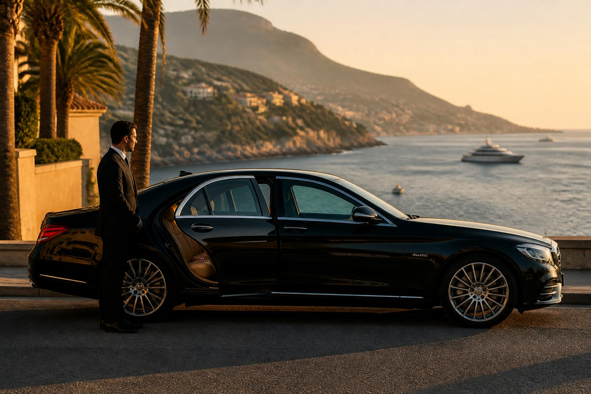 Chauffeur privé ouvrant la porte d'une berline noire au bord de la mer sur la Côte d'Azur